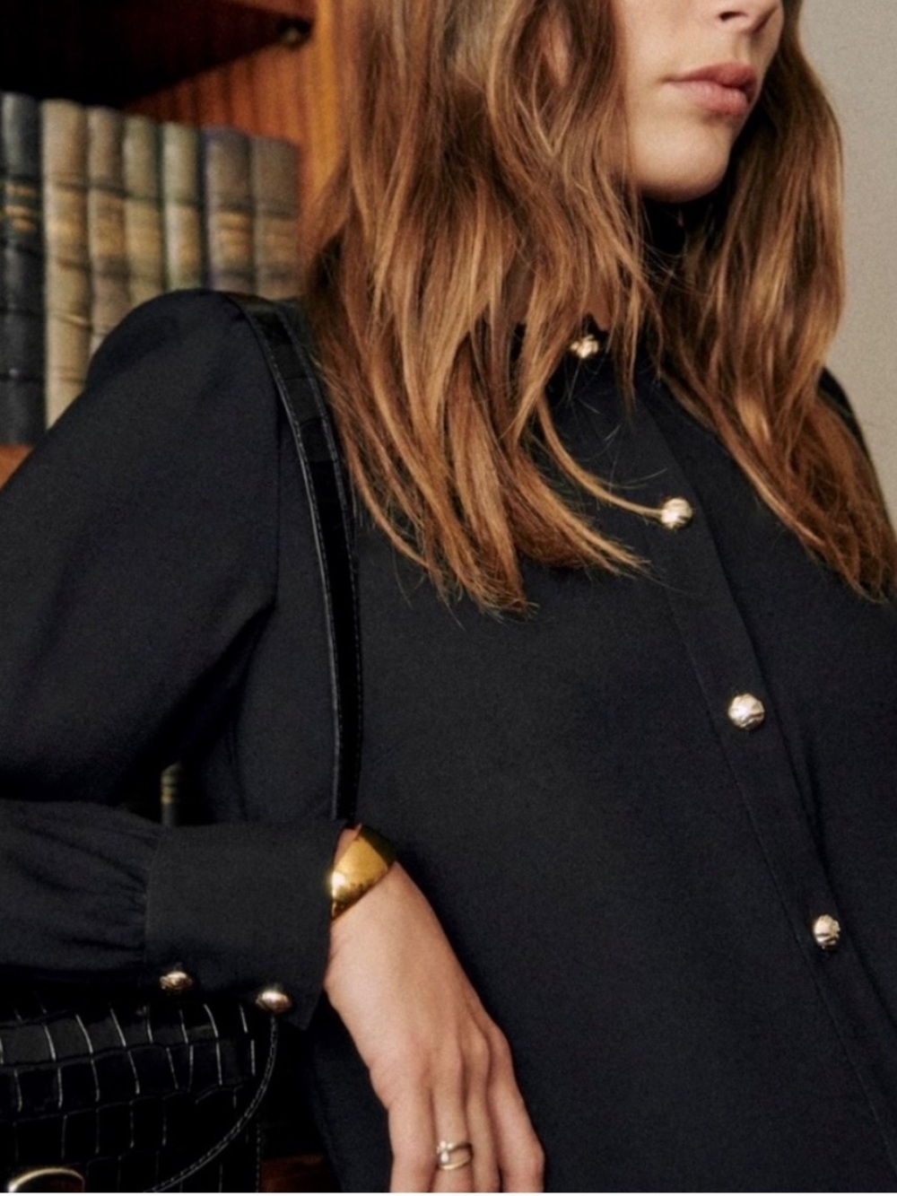 Sézane Romine Blouse Black Button Front Gold Buttons NWT FR 34 US 2